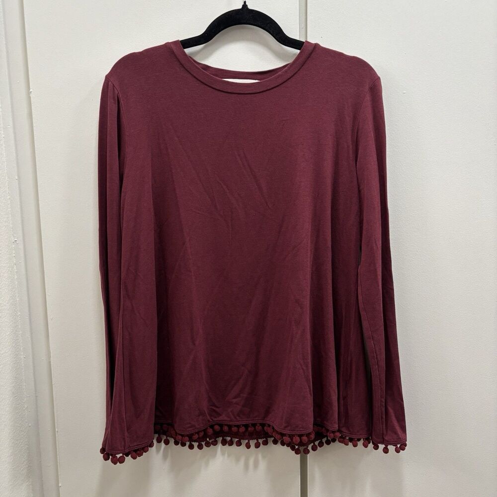 Johnny Was Calme Sz Small Swing Tee Top Flute Sleeve Pom Pom Bamboo Cotton Red